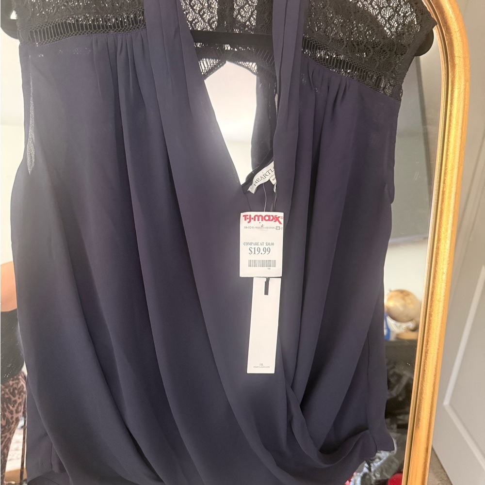 Navy Chiffon Overlay Tank with Lace Trim